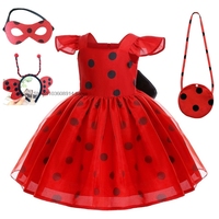 New 2024 Halloween Lady Girls bug Birthday Party Dress Toys Earrings Retro Costume Kids Clothes Black Dot Carnival Cosplay Sets