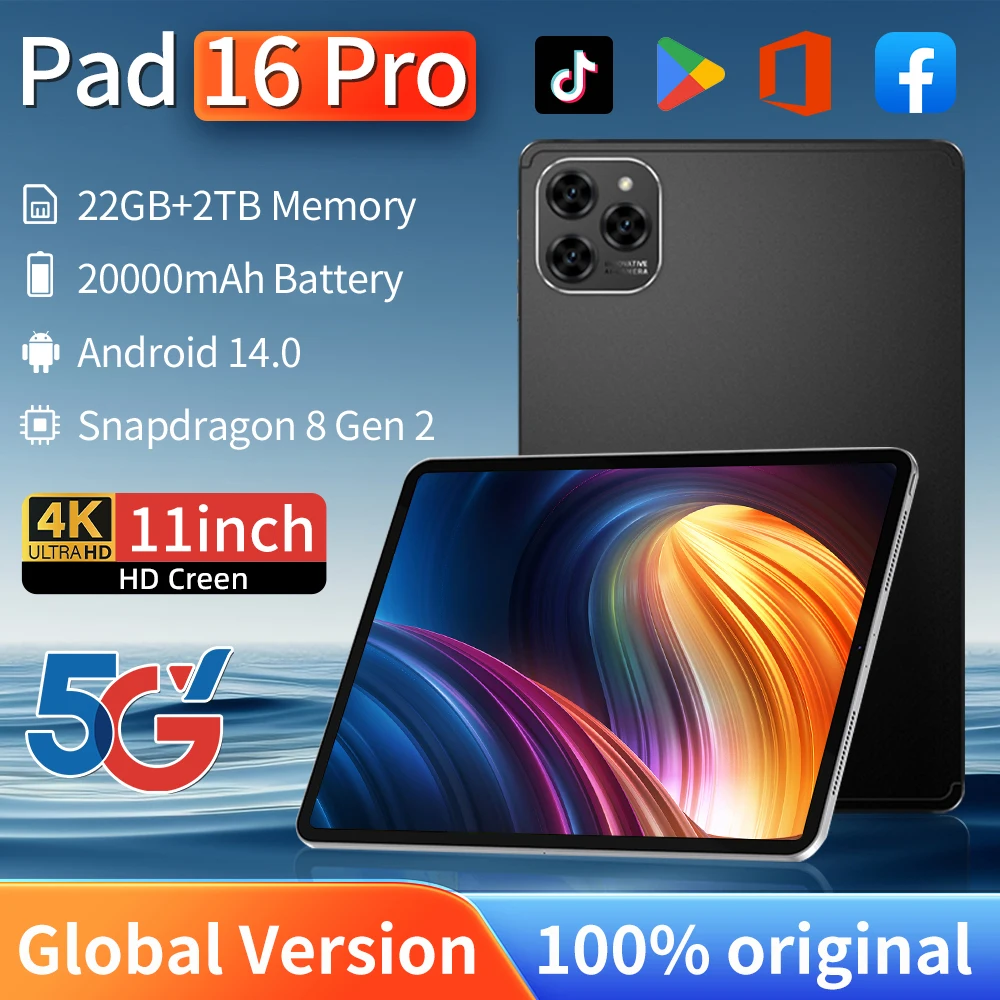 

2025НОВАЯ глобальная версия планшета Pad 16 Pro, оригинальный 16 ГБ + 1 ТБ, Android 14 11 дюймов, 4G, 5G, Wi-Fi, двойная SIM-карта, смарт-планшетный ПК с клавиатурой