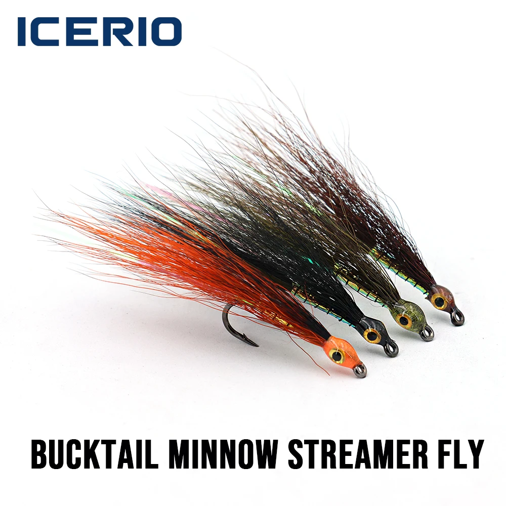 ICERIO # 6 mouches artificielles Bucktail Minnow Streamer - Leurre pour poisson-appât avec hameçon barbelé et œil en époxy 3D pour la pêche à la truite, au bar, au brochet, au musky et en mer