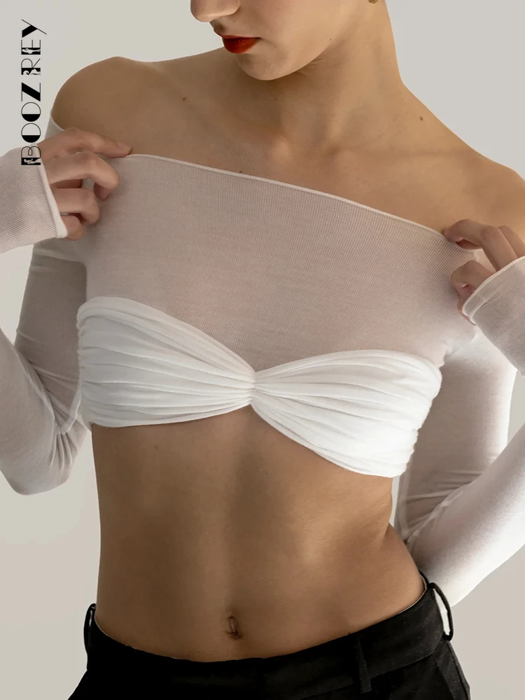 

BoozRey See Through Mesh Crop Top Women Slim Strapless Short Knit Cropped Tops Ladies Bustier Sexy Off-shoulder T-shirt Summer