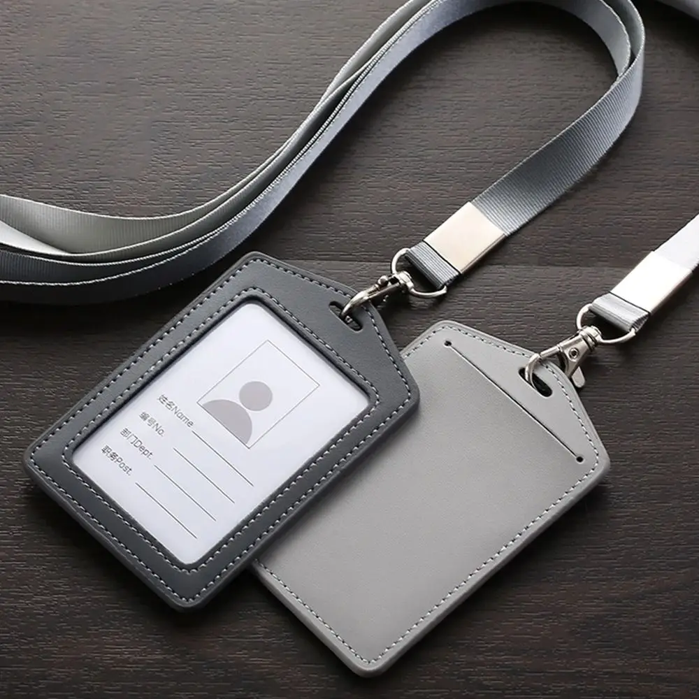 Hochwertiger Arbeitskartenhalter aus echtem Leder mit Umhängeband, einfarbig, Ausweishülle für Büroangestellte