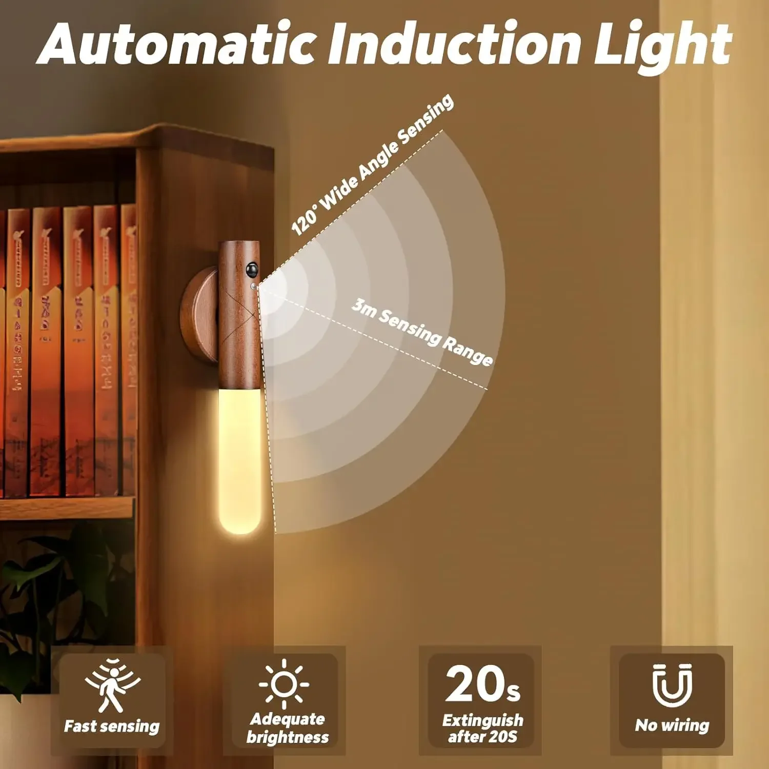 Intelligent Auto PIR Motion Sensor LED Magnetic Night Light Rechargeable Wood Wall Light for Bedroom Kitchen Cabinet Night Lamp