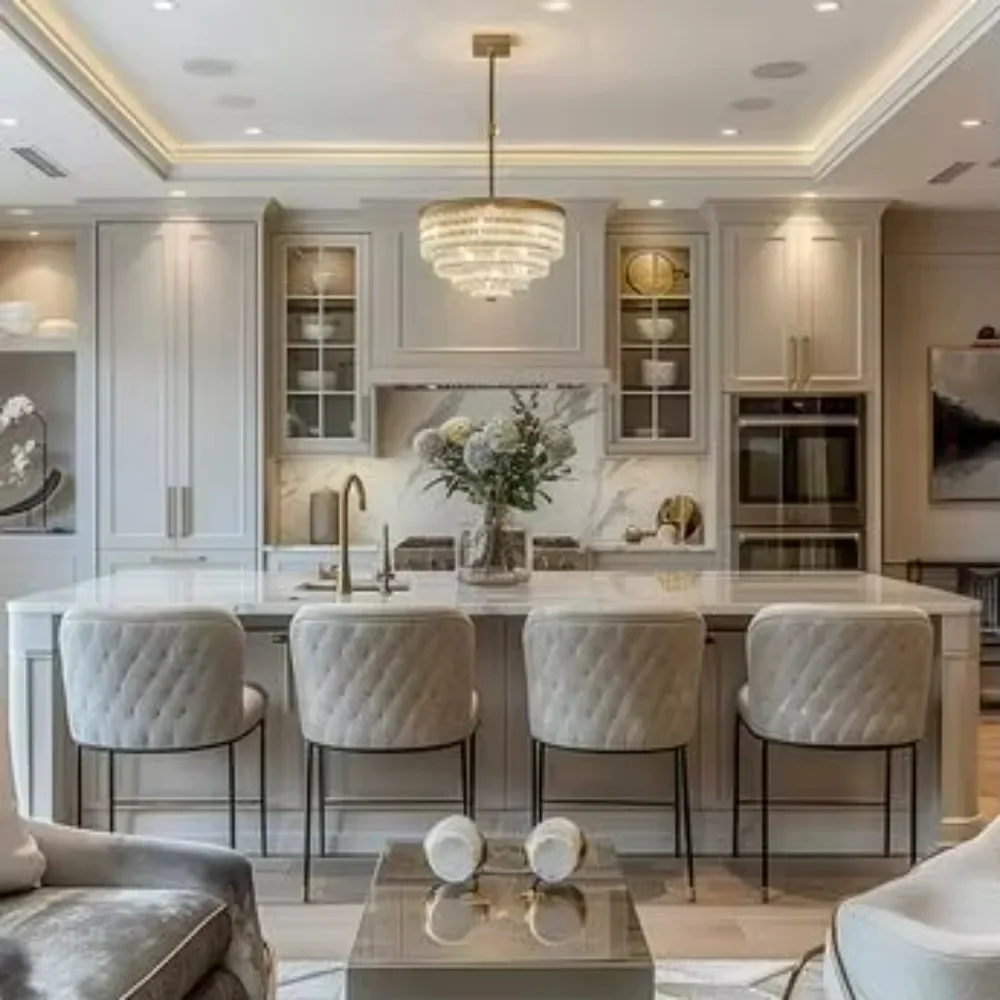 High End Luxury Style Island Design Solid Wood Kitchen Cabinet Smart Kitchen Made in China