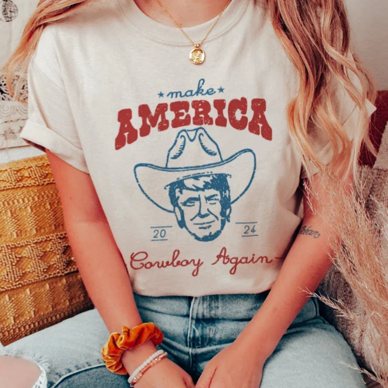 Women Funny Trump 2024 Election T-Shirts Vintage Western Cowboy T Shirt MAGA Patriotic Shirt Unisex Short Sleeve Republican Tops