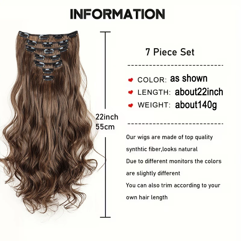 22Inch Synthetic 7pcs/set Long Wavy Curly Clip-in Hair Extension Heat-Resistant Black Brown Fiber Hairpiece for Women