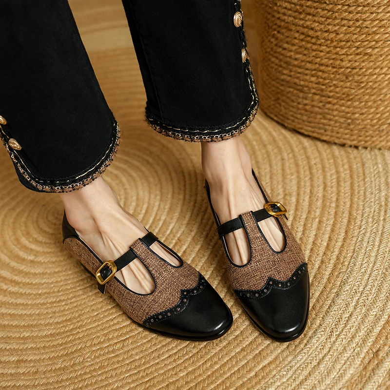 2025 New Women Dress Shoes Thick Heels T-Strap Shoes Genuine Leather Shallow Square Toe Pumps Ankle Strap Ladies Shoes Office