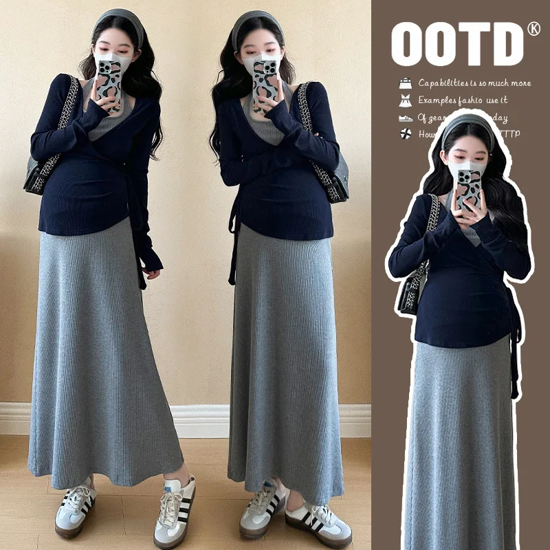 abito-premaman-2025-inizio-primavera-top-sottile-con-coulisse-allentato-a-maniche-lunghe-abito-francese-con-collo-di-grandi-dimensioni-set-da-due-pezzi