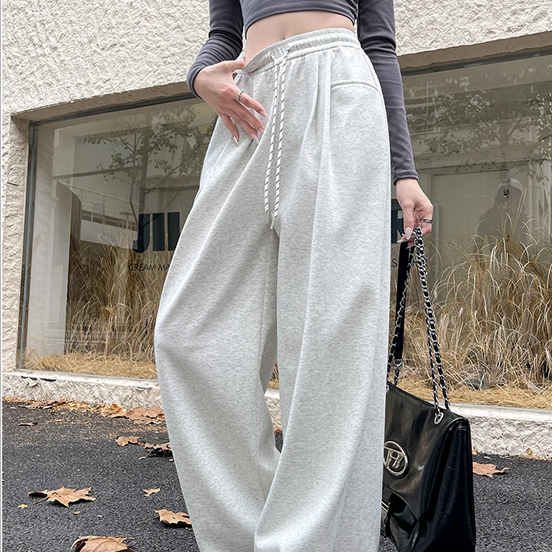 Pantaloni da pavimento in tinta unita moda donna Pantaloni larghi versatili con coulisse Pantaloni a gamba larga stile americano Pantaloni dritti Hip Hop Mujer