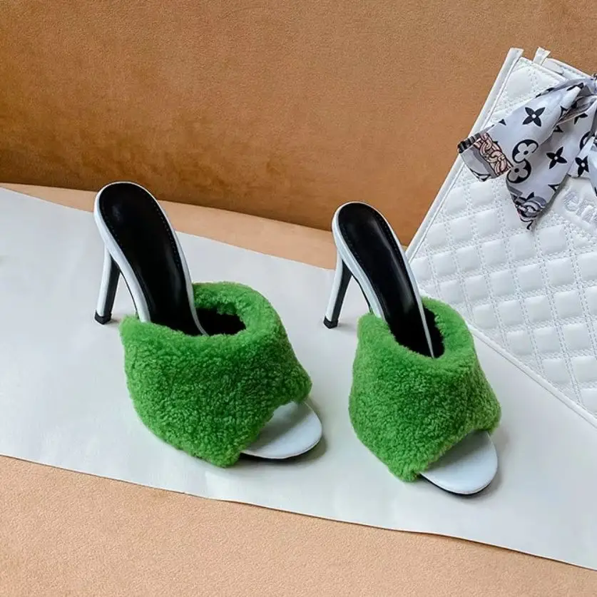 2026 Premium Labm Wool Fur Women's Heeled Mules Thin Heel Elegant Women's Shoes Slip-On Sandals for Winter Parties & Daily Wear
