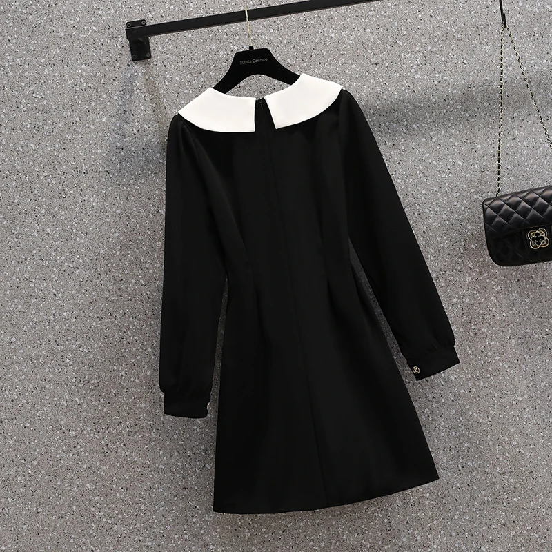 Sukienki Plus Size Kobiety Jesień 2024 New Arrival Peter Pan Collar Long Sleeve Black T Shirt Dress Women Korean Casual Dresses