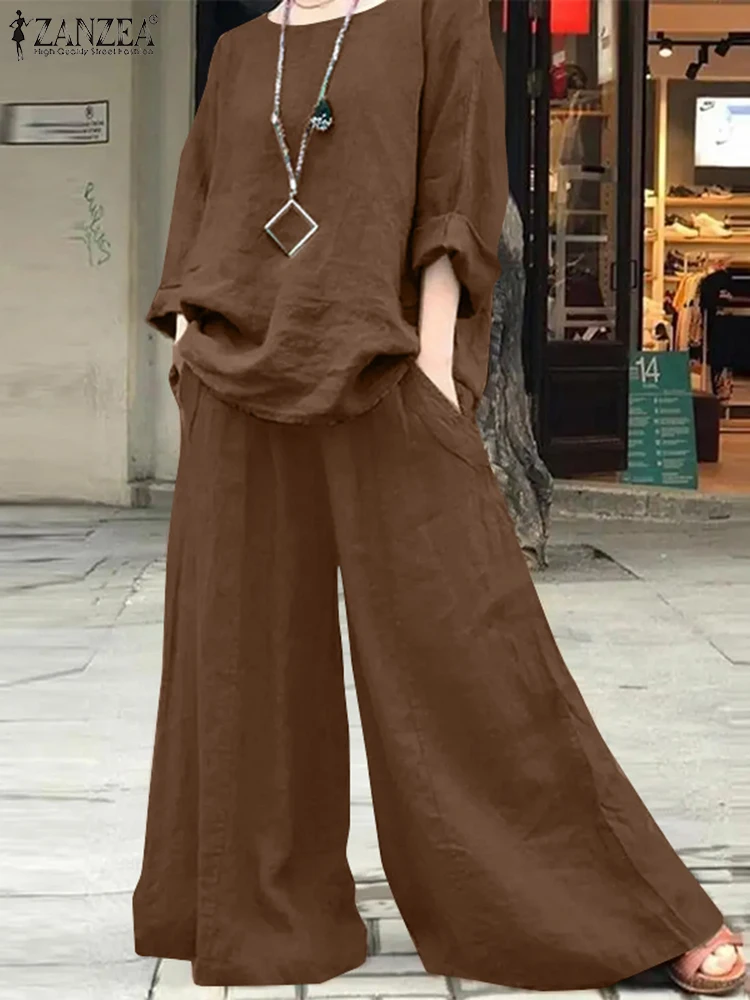 ZANZEA Women Long Pant Sets Fashion Long Sleeved Tops Long Trousers 2024 Spring Solid Round Neck Clothing Ankle-Length Bottoms