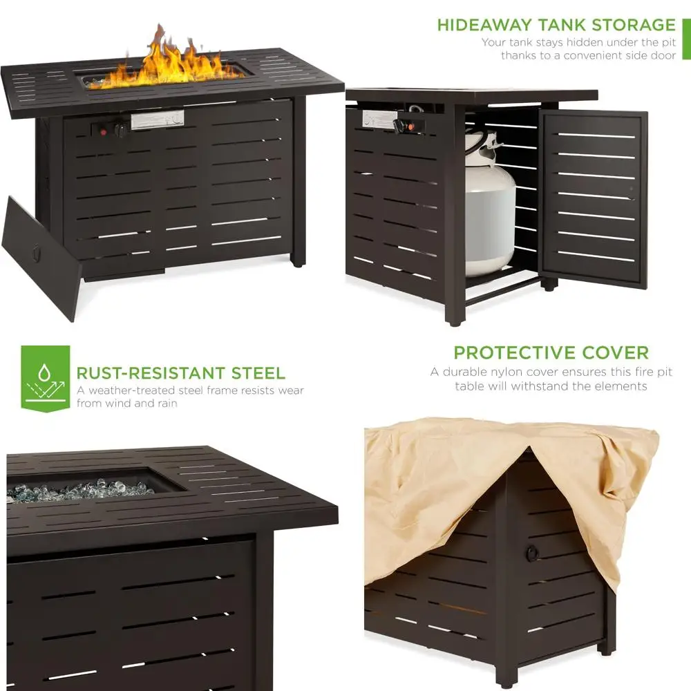 

Fire Pit Table 42in 50,000 BTU Rectangular Steel Propane Gas for Outdoor, Patio w/Burner Lid, Auto Ignition, Hideaway Tank Stor
