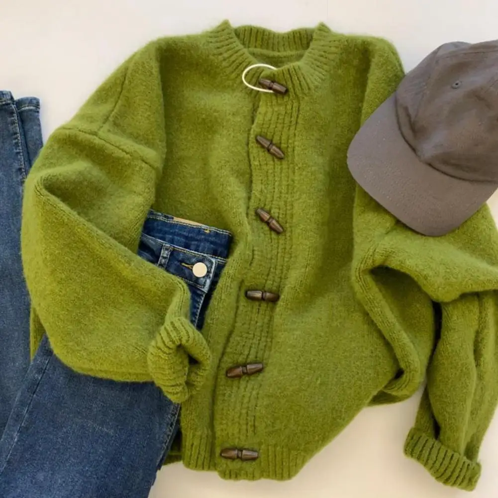 

Women Knitted Sweater Loose Fit Sweater Top Women’s Knitted Sweater Tops with Horn Buttons Round Neck Long Sleeve Pullover