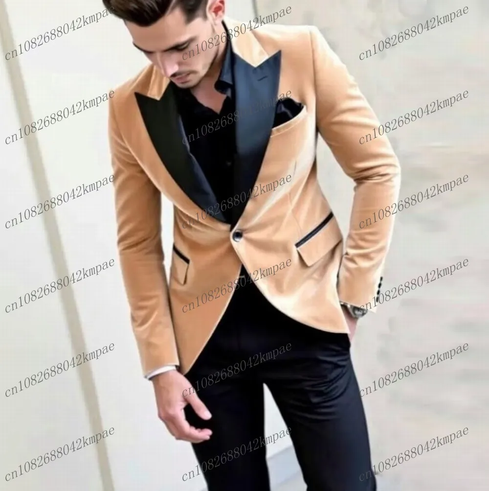 

Beige Velvet And Black Pants Men Suit Formal Business Groom Groomsman Wedding Party Prom Male Tuxedos 2 Piece Set Blazer Pants