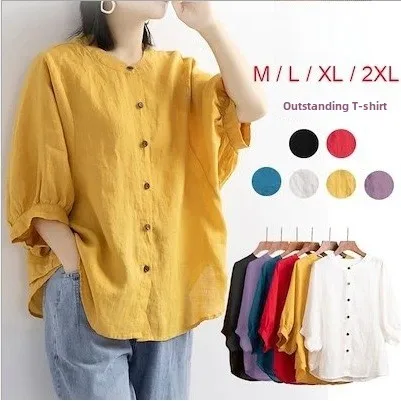 

Spring Summer New Sle Women's Cotton Linen irt Lantern Sve Loose mid Sve Top Large Size Retro Artistic Blouse
