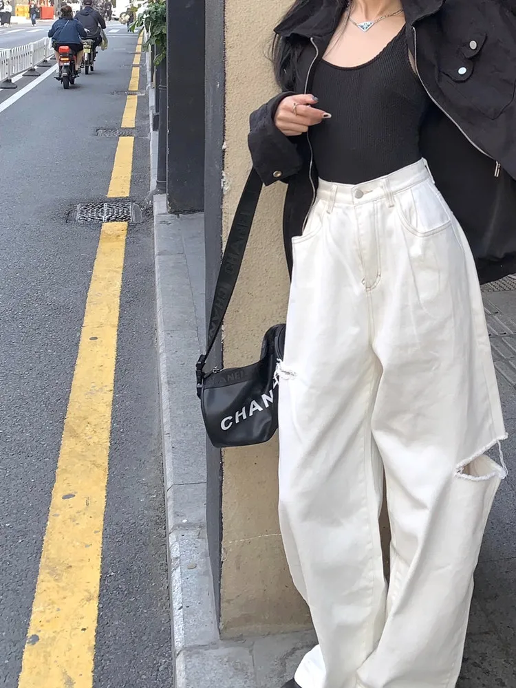 White Ripped Jeans for Women 2023 Fashion High Waisted Jeans Holes Straight Vintage Streetwear Y2k Pants Wide Leg Jeans