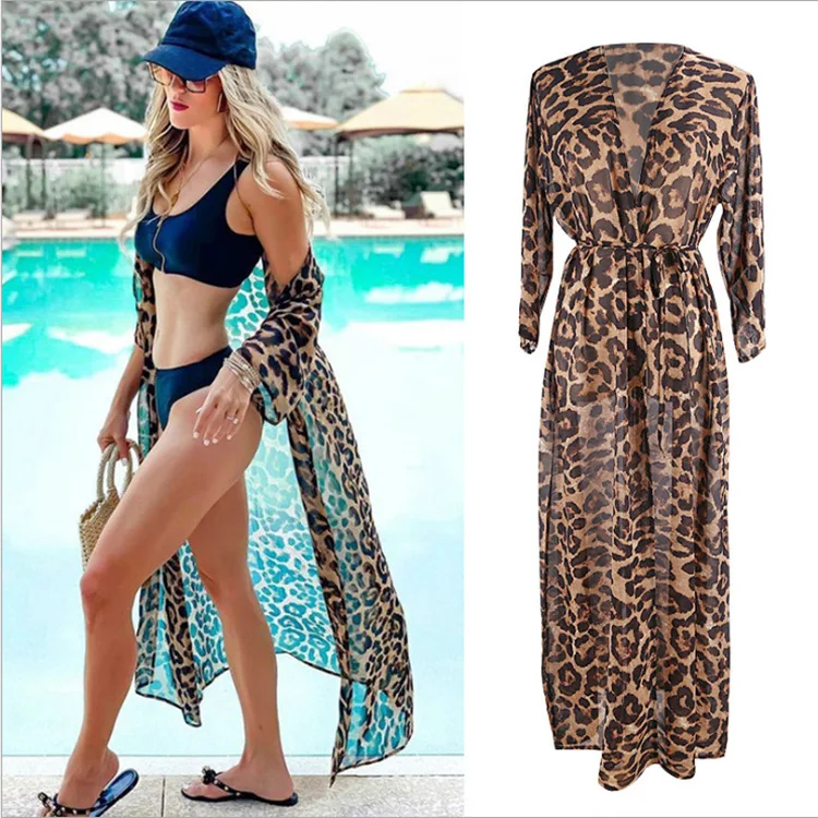 Capa de praia com estampa de chiffon leopardo feminino, cardigã, quimono, proteção solar, biquíni, roupas sexy, férias, 2024