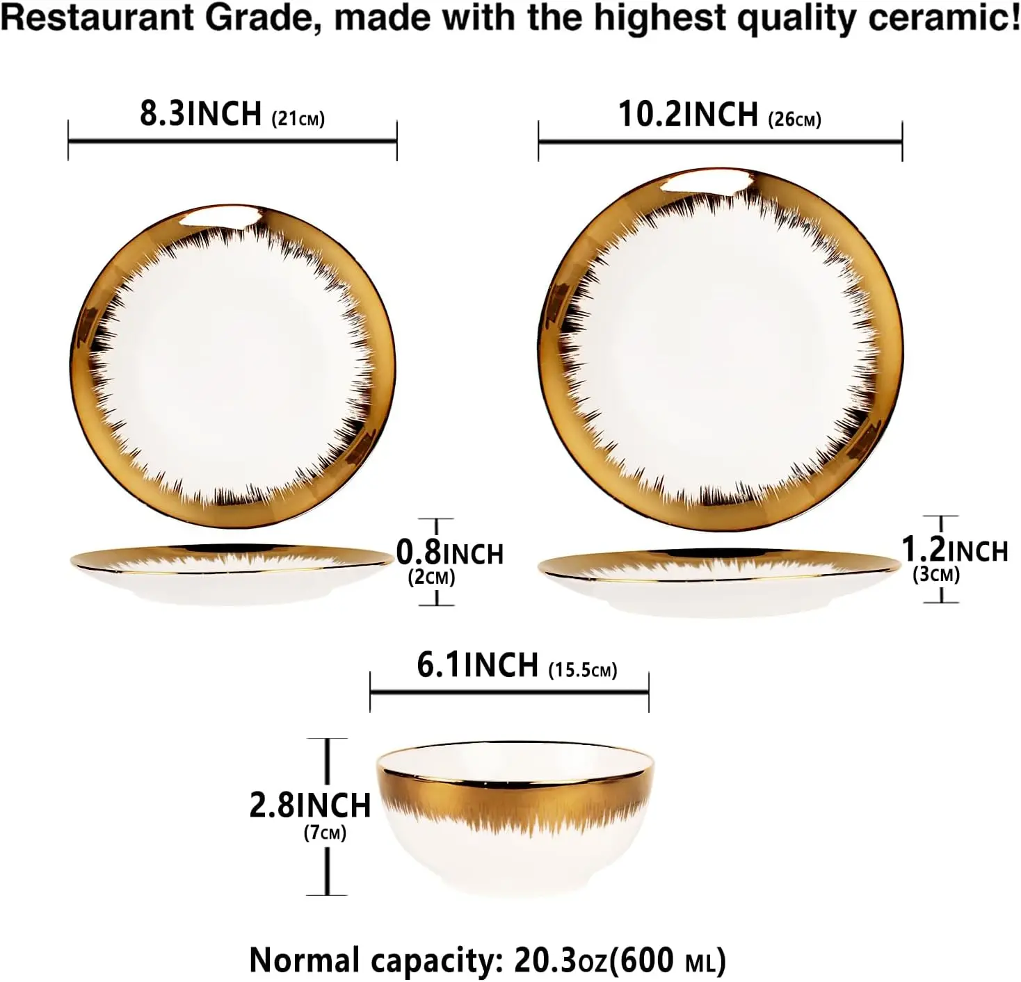 أطقم أواني الطعام (12 قطعة) تستخدم لـ 4 أشخاص، أواني طعام حديثة، أطباق وأطباق ذات حافة مذهبة مع طبق عشاء صغير مقاس 8.3 بوصة مقاس 10.2 بوصة