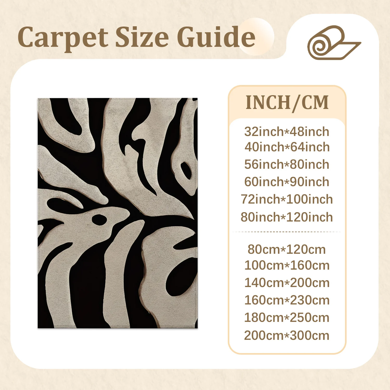Large Indoor Area Rug, Soft Velvet Low Pile with Non-Slip Dotted Backing, Machine Washable, Black Beige Abstract Leaf Pattern Floor Rug for Living Room Bedroom
