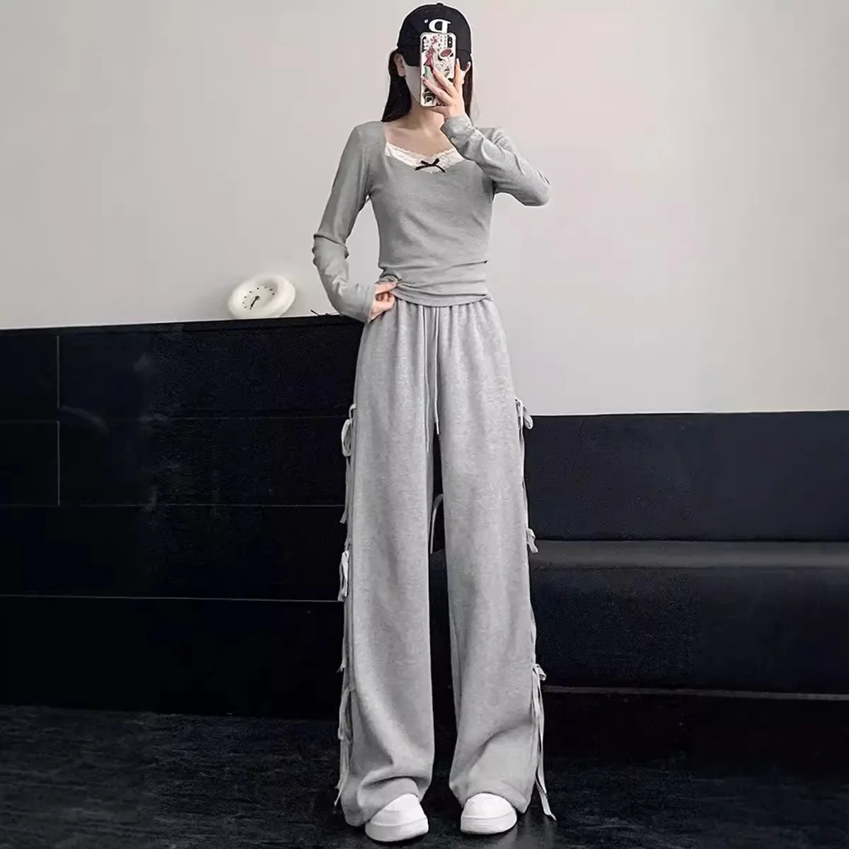 Trendy American Y2K Bow Knot High Waist Pink Sports Pants Spring and Summer Women Casual Slim Lazy Lancet Grey Wide-leg Pants