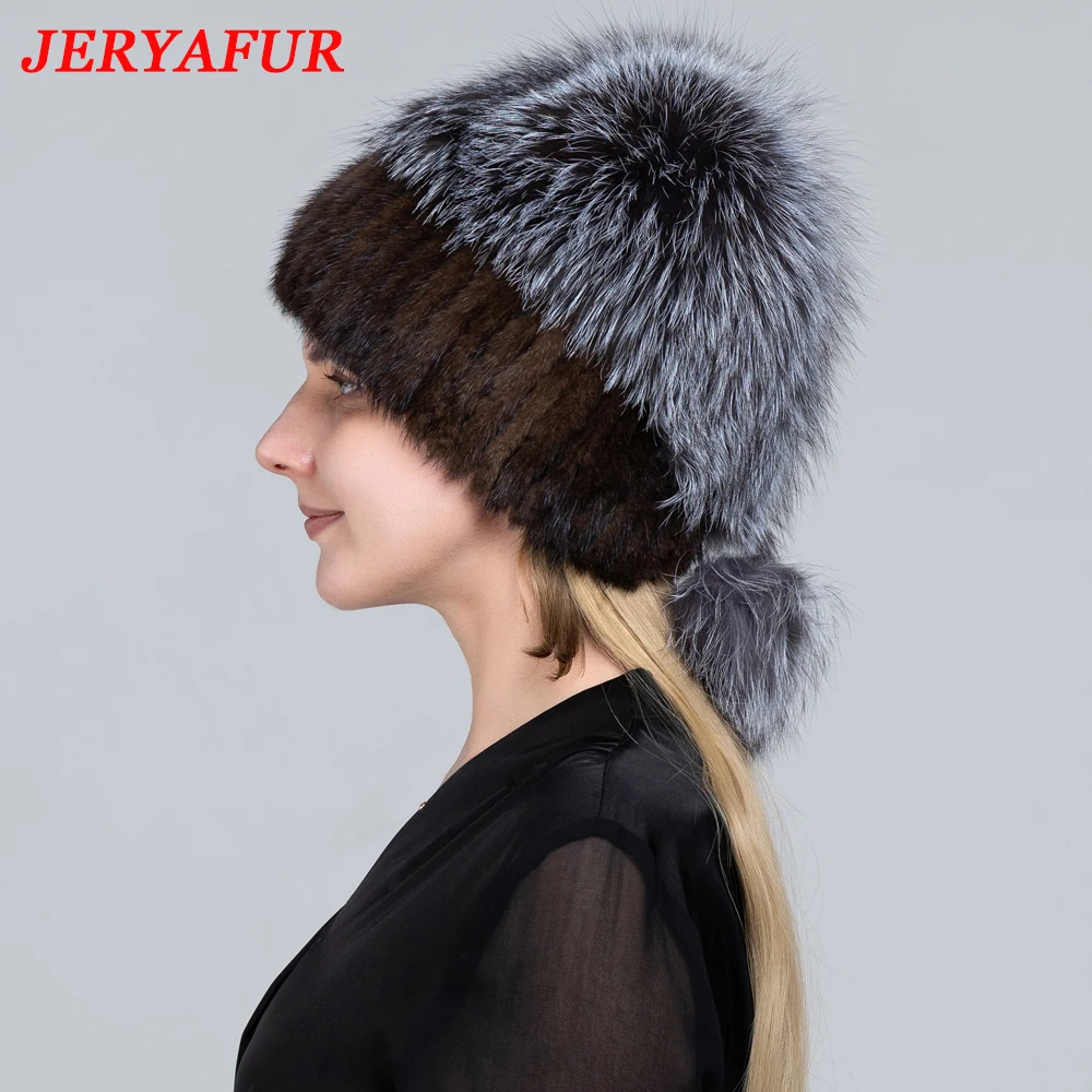 JERYAFUR Women\'s Winter Fur Hat Natural Fur Knitted Mink Fox Pom Pom Fur Hats with Balls Stylish Warm Fashion Girls Beanies Hat