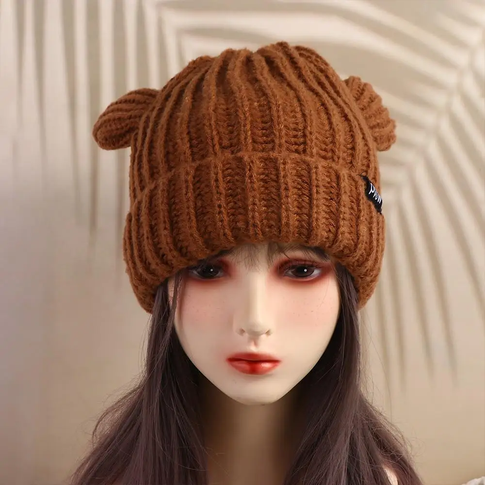 Korean Cute Little Bear Ears Knitted Hats Autumn and Winter Versatile Fashion Beanies Woolen Hat for Woman