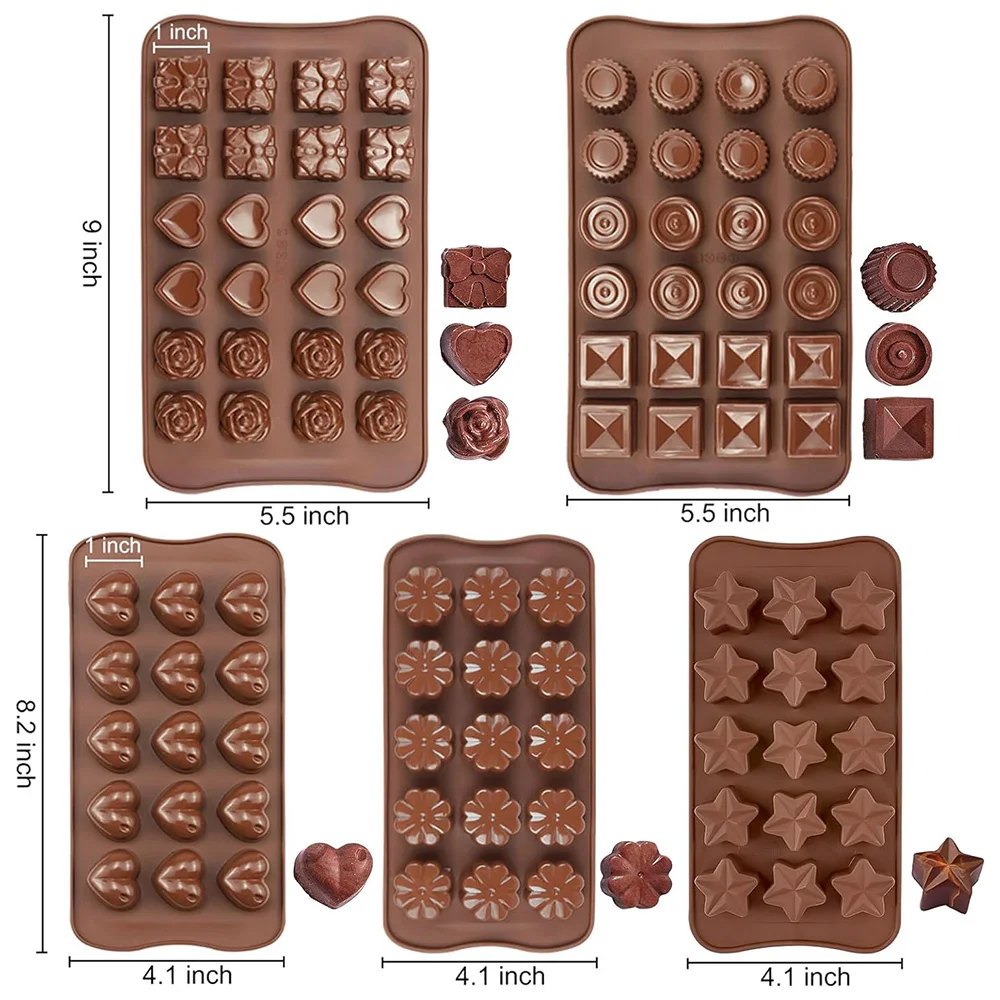 5PCS Silicone Chocolate Molds for Candy,Truffles, 9 Shapes 93 Cavities Soap Wax Melts Square,Round,Heart,Star,Flower Shapes Mold