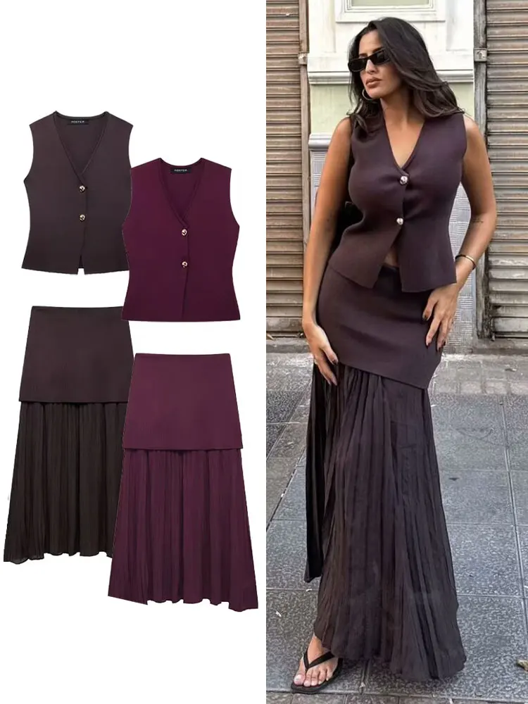 HH Frauen Elegante Solide 2-teiliges Set Gestrickte Dünne Weste Tops Hohe Taille Patchwork Röcke 2025 Sommer Casual Büro Dame anzüge
