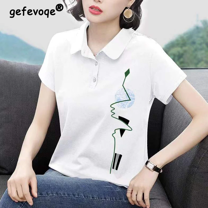 

2024 New Summer Women Korean Fashion Print Tees Polo Collar Cotton T-shirt Casual Short Sleeve Loose Pullover Tops Ropa De Mujer