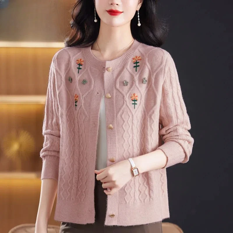 

Женская одежда на пуговицах с длинным рукавом и круглым вырезом с растениями и цветами, осенне-зимний кардиган, свитер, вязаные пальто, повседневные элегантные топы