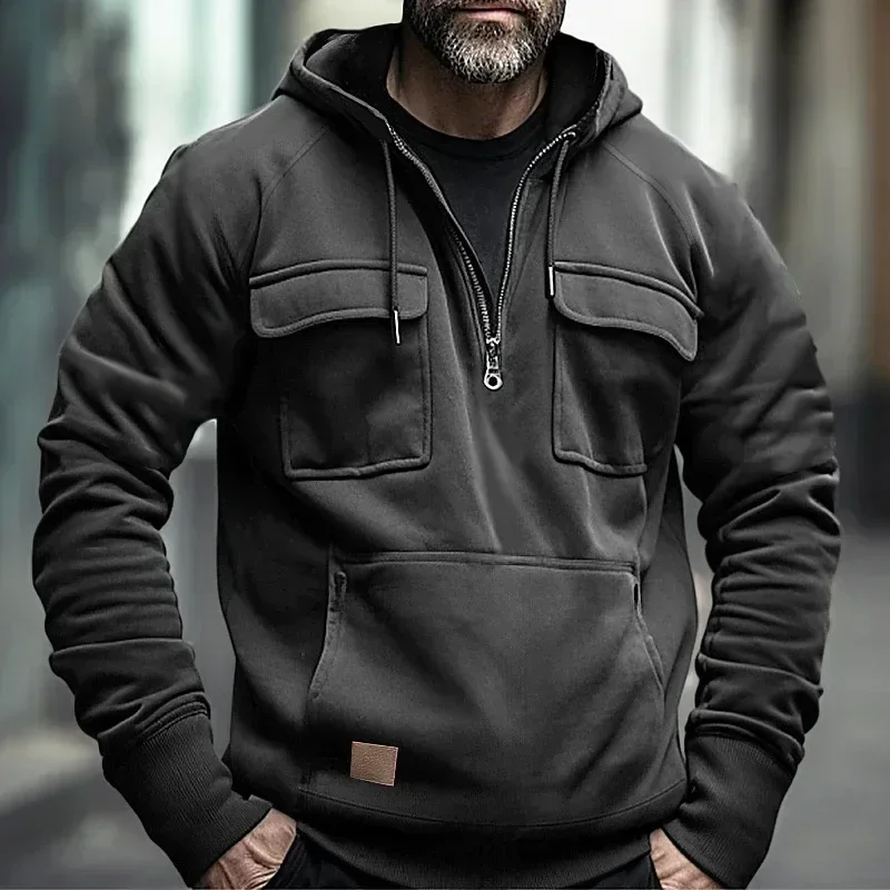 Taktische Hoodies für Herren, halber Reißverschluss, solides warmes Fleece, Militär-Sweatshirts, mehrere Taschen, männliche Kapuzenjacken, dick, Outdoor, Polar