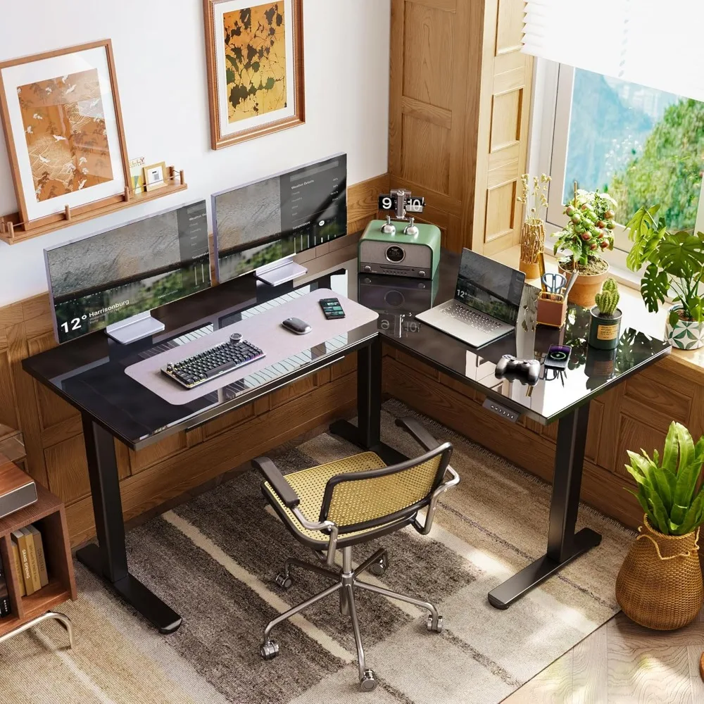 L Shaped Glass Standing Desk Adjustable Height,Dual Motor Electric Corner Standing Desk with Drawers, Sit Stand up Desk