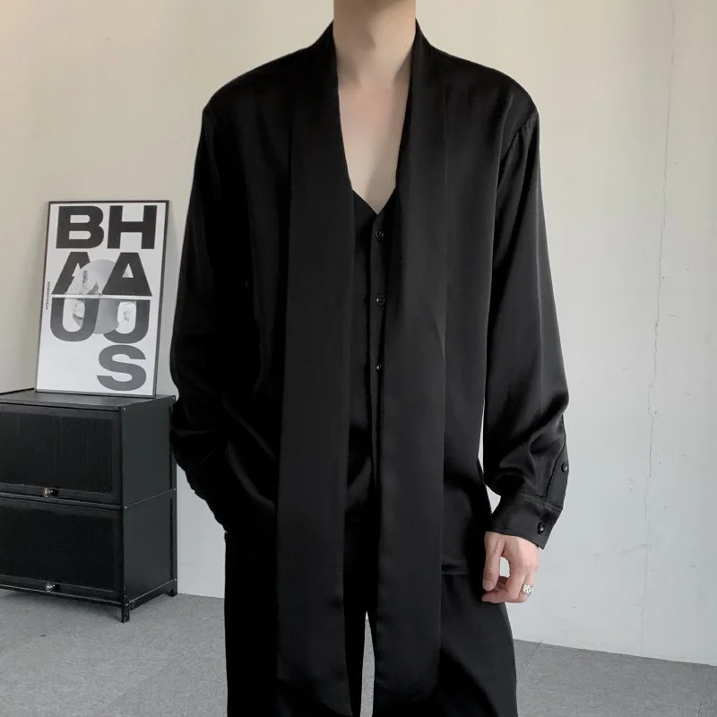

Мужская осенняя рубашка из атласа с длинным рукавом, свободного кроя, на пуговицах, в корейском стиле, драпированная, повседневная, свободная, из полиэфирного волокна