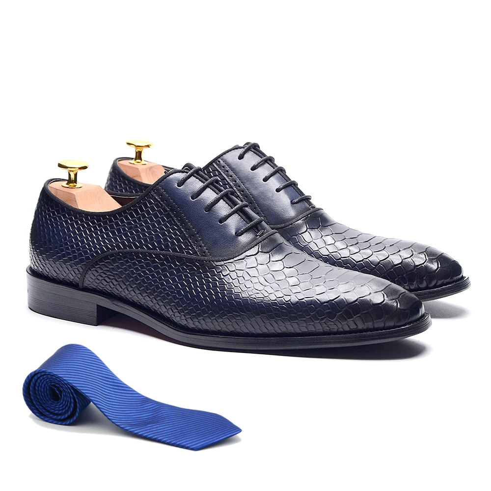 

Cowhide Genuine Leather Men's Wedding Oxford Dress Shoes Blue Black Pointed Toe Snake Print Lace-up Business Formal Shoes Man