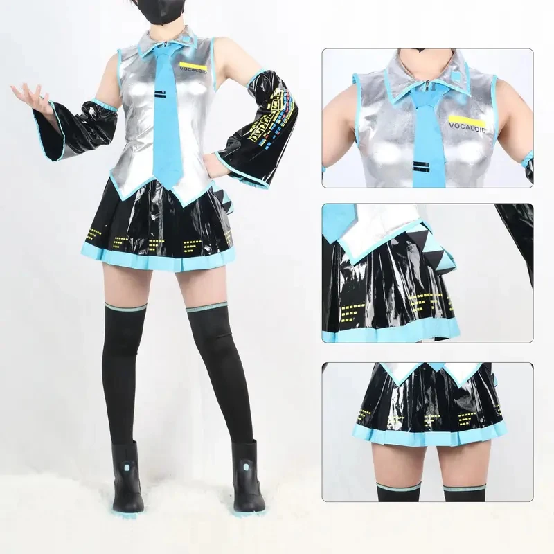 COSMiku Cosplay Full Set Silver Grey Patent Leather Fabric Suit Miku Cosplay Shoes Headwear Costume Outfit JK uniform Cosp view 3