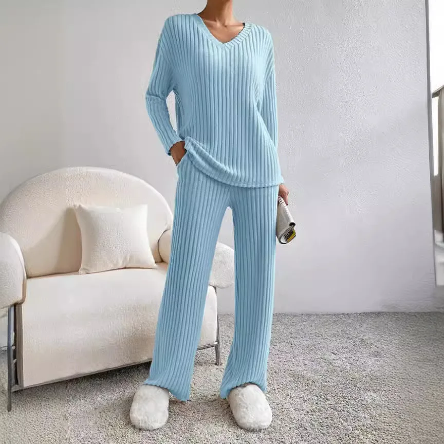 2024 New Arrival Matching Sets Autumn New Two-piece Set Fashion Casual Straight Pants Temperament Loose V-neck Knit