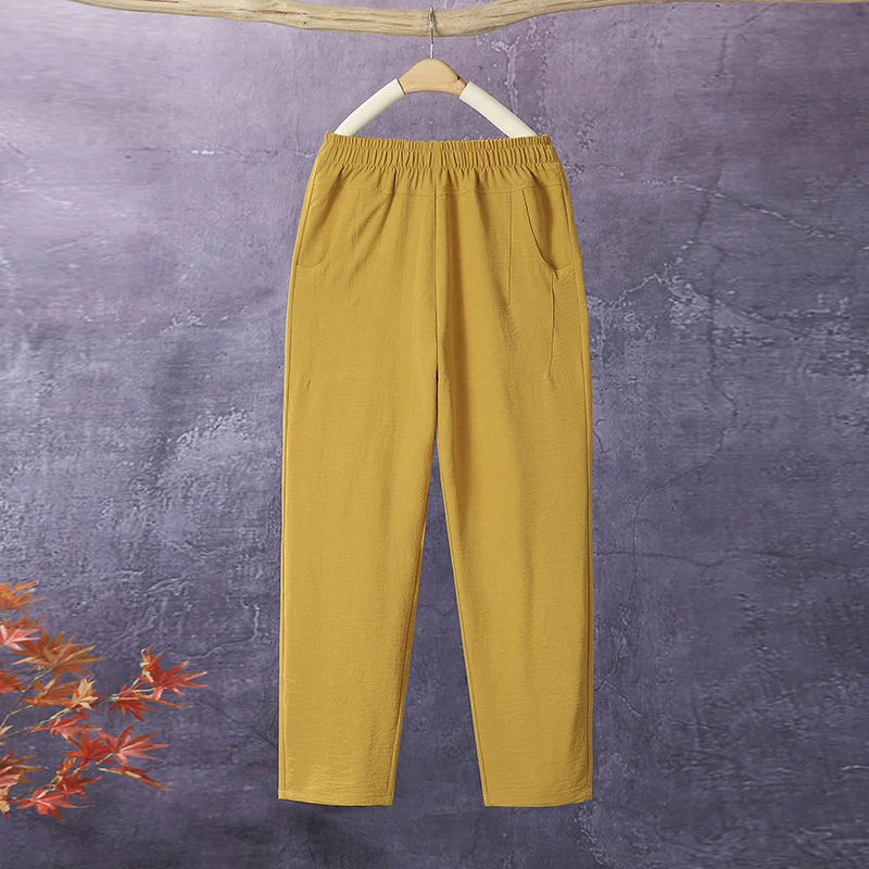 Mom's New Summer High Waist Ice Silk Elastic Pants Commuter Fashion Thin Candy Color Simple Pocket Casual Versatile 9/4 Pants
