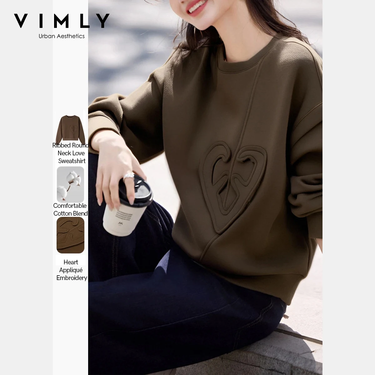 

Vimly Women's Sweatshirt 2025 Autumn Heart Embroidery Design Round Neck Long Sleeves Pullover Top Fashion Casual Knitwear M8662