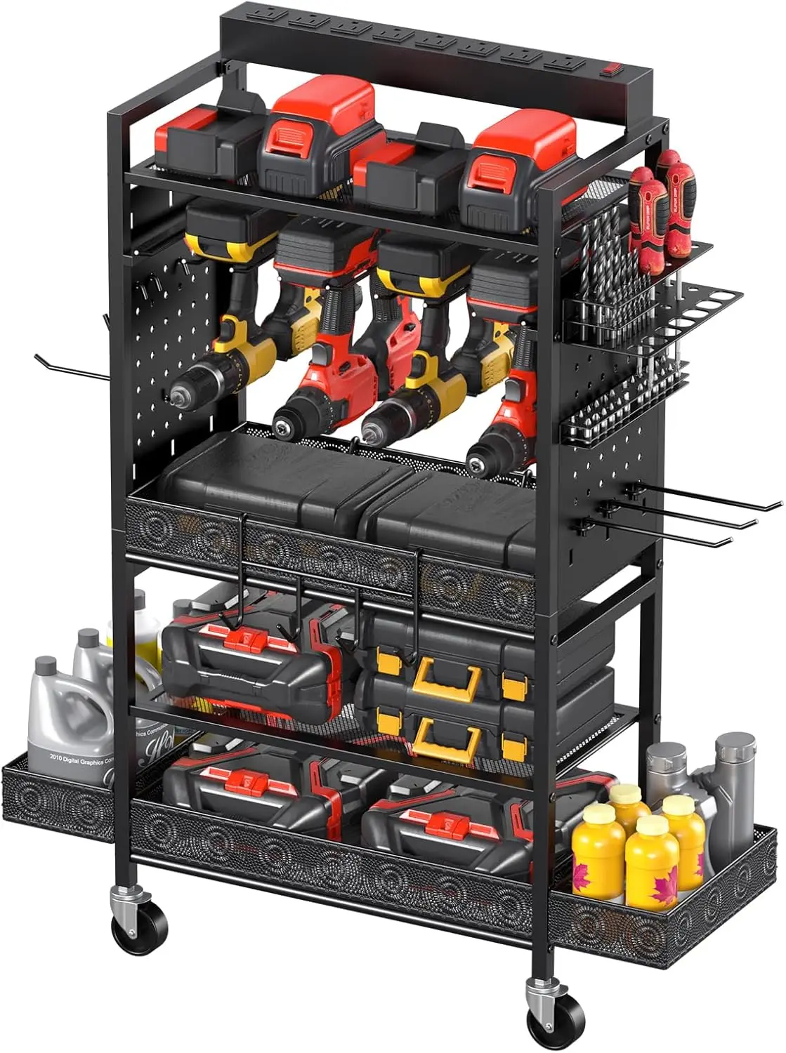 Cccei Garage Power Tools Organizer Cart With Charging Station, Black Floor Standing Rolling Drill And Tools Battery Storage