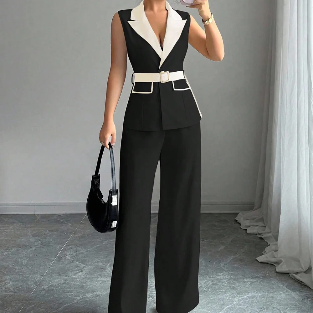 Two Piece Set Women Outfit 2026 Spring Autumn Elegant Notched Collar Sleeveless Vest & High Waist Office Lady Straight Pants Set