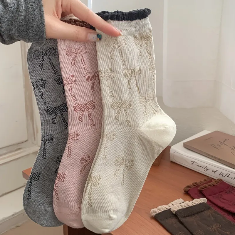 

Bow Doodle Women's Socks Fashion Ins Trend Lace Trim Cotton Crew Socks for Girls Combed Cotton Stackable Socks