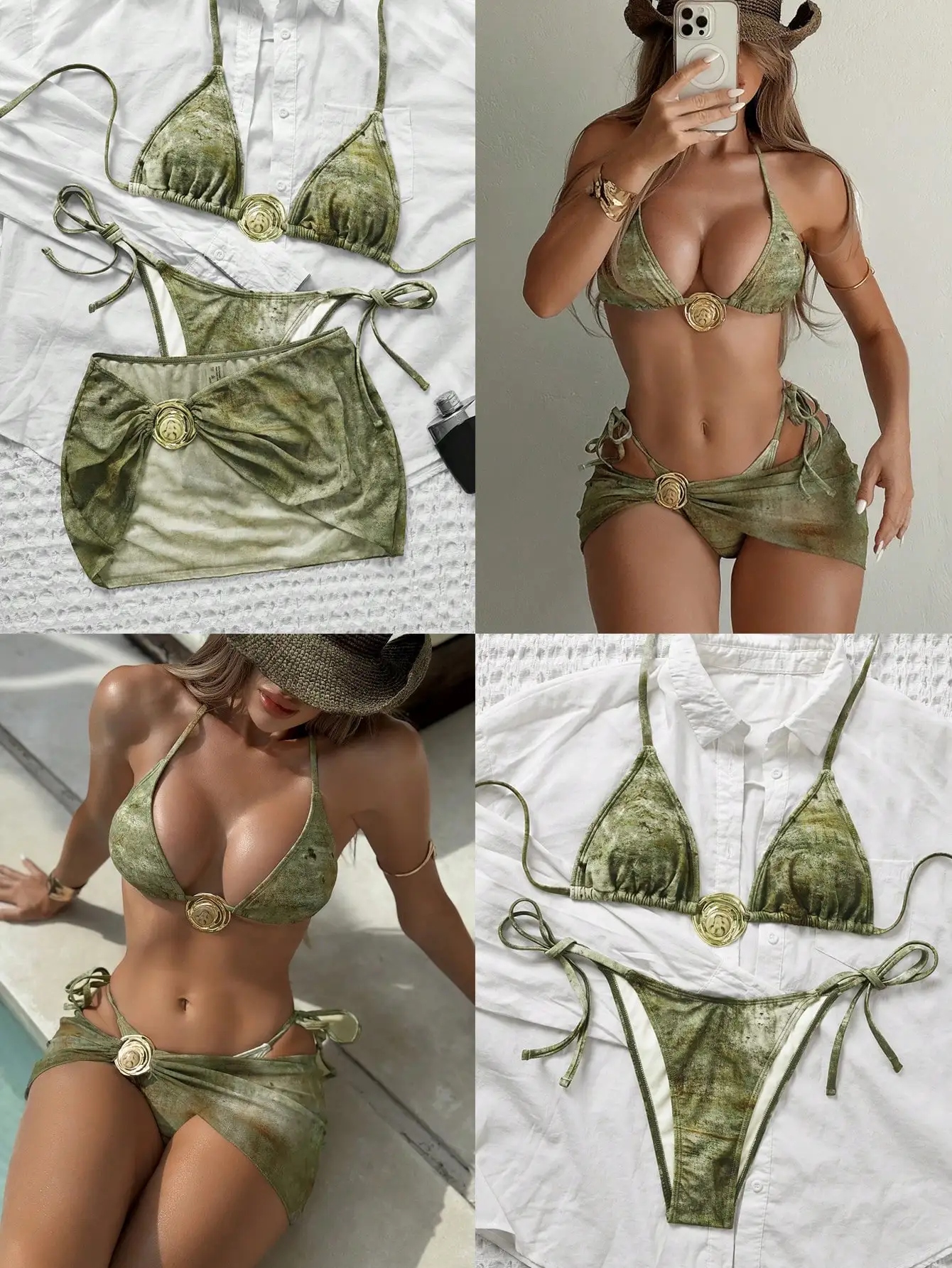 

Retro Printed Halter Bikini Set With Bandage Pants And Mesh Mini Skirt