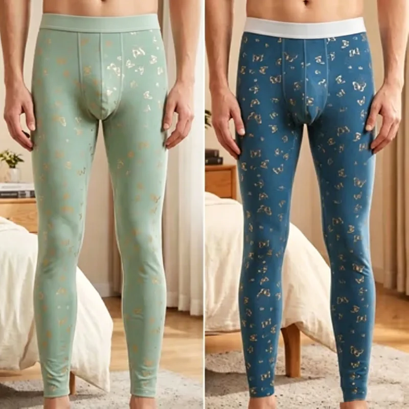 Men Thermal Long Johns Gold Butterfly Print Double Faced Fleece Base Layer Slim Fit Warm Underwear Trousers For Autumn Winter