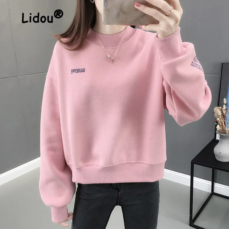 Solid Color Printing Letter Short Sweatshirts Women High-quality Long Sleeve Plush and Thicken Autumn Winter All-match Top 2022