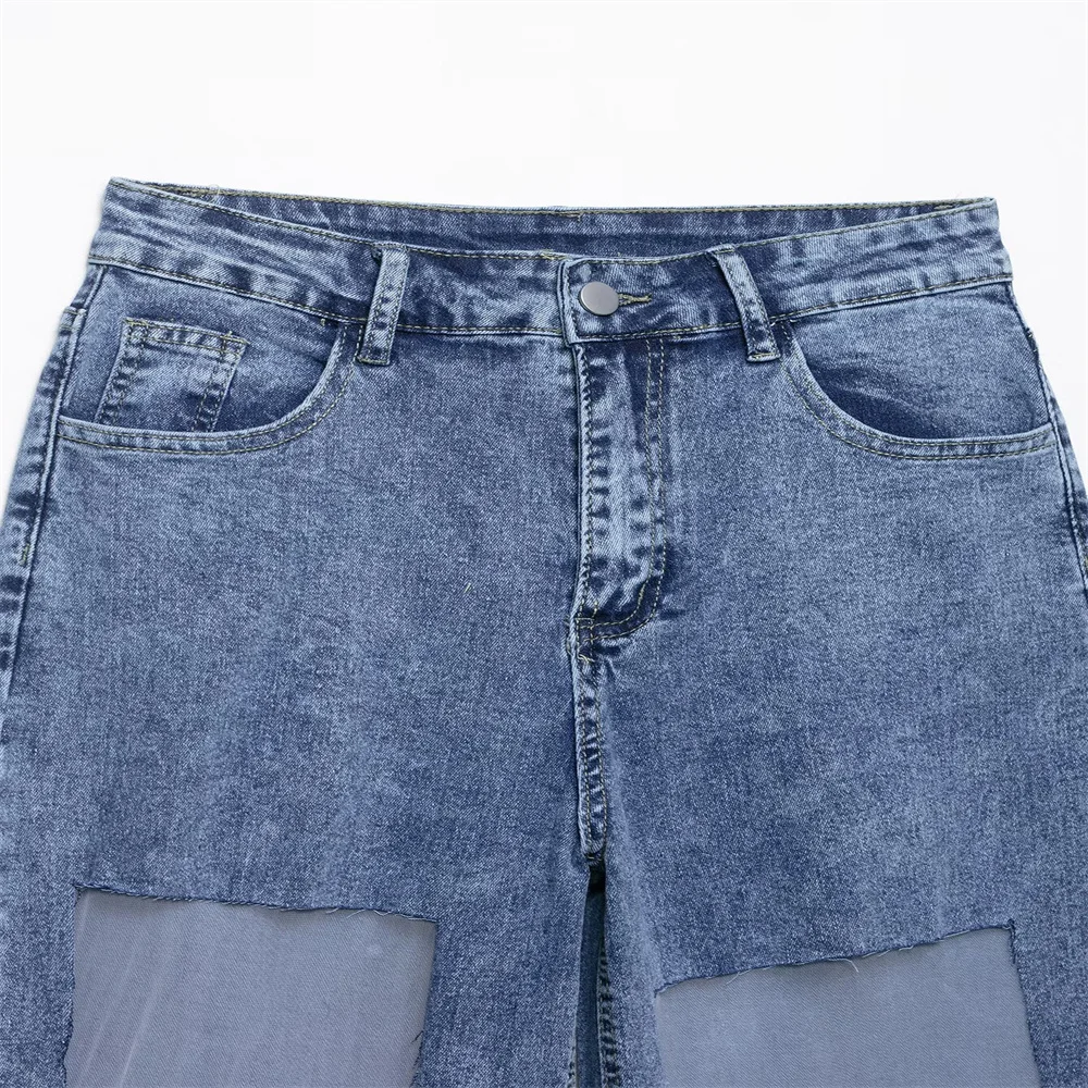 New women's clothing European and American style fashionable simple and versatile mesh splicing high waisted jeans