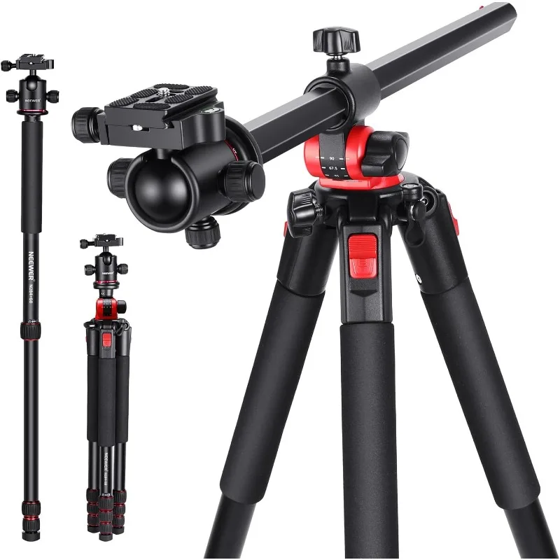 inch Camera Tripod Monopod with Center Column and Ball Head Aluminum, Arca Type QR Plate, Bag, Horizontal Tripod Overhead