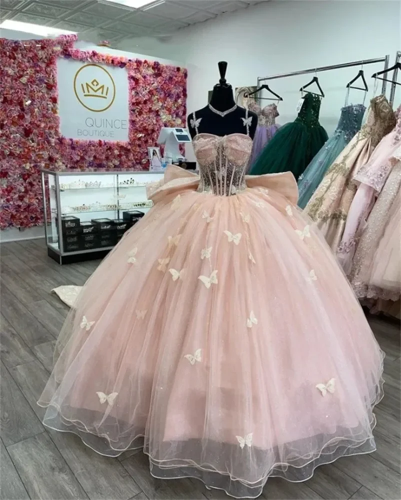 

ANGELSBRIDEP Princess Pink Ball Gown Quinceanera Dresses Beaded Birthday Prom Dresses Bow Graduation Gown Vestido De 15 Anos