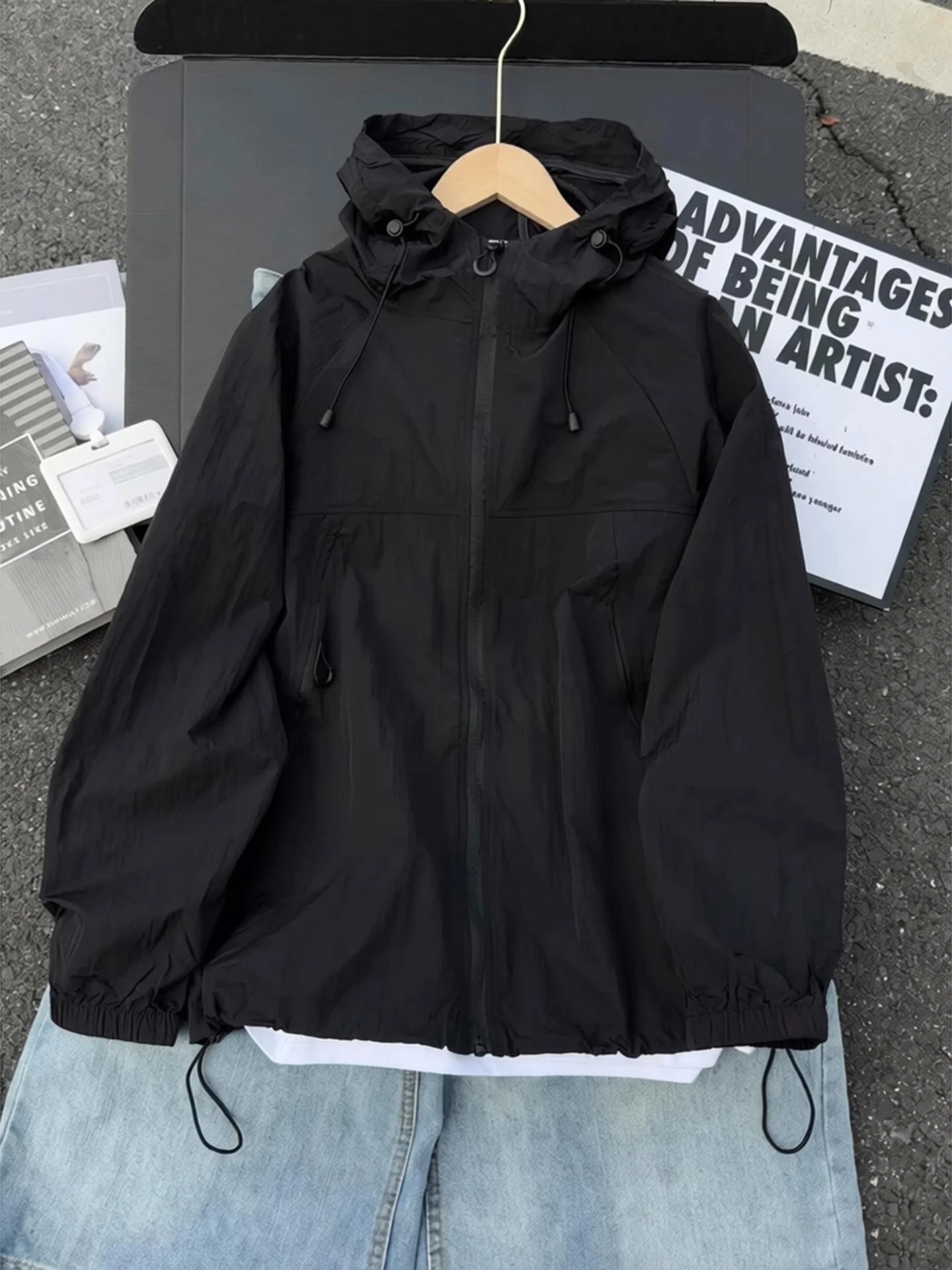 Men'S Fashion Zipper Jacket - Siyah Açık Hava Kapüşonlu Güneş Koruyucu