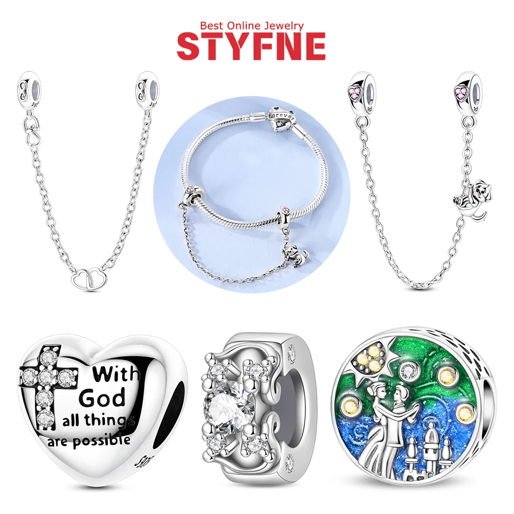 

925 Silver Dancing Under The Moon Charms Heart-shaped Safety Chain Fit Original Bracelet Womens DIY Fine Jewelry Gifts Making