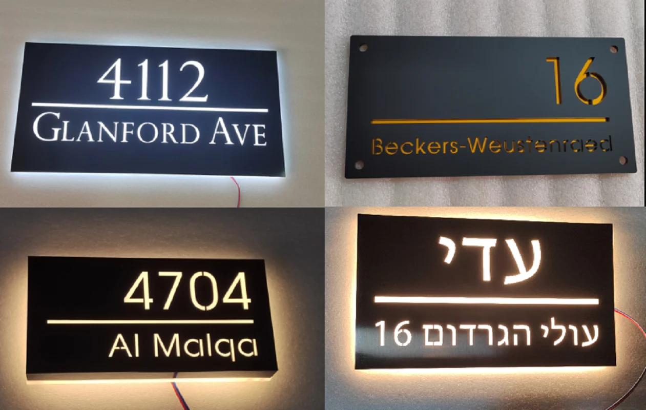 LED House Number Address Sign Outdoor Waterproof Stainless Steel Metal Door Plates Number Apartment Hotel Lighted Address Sign